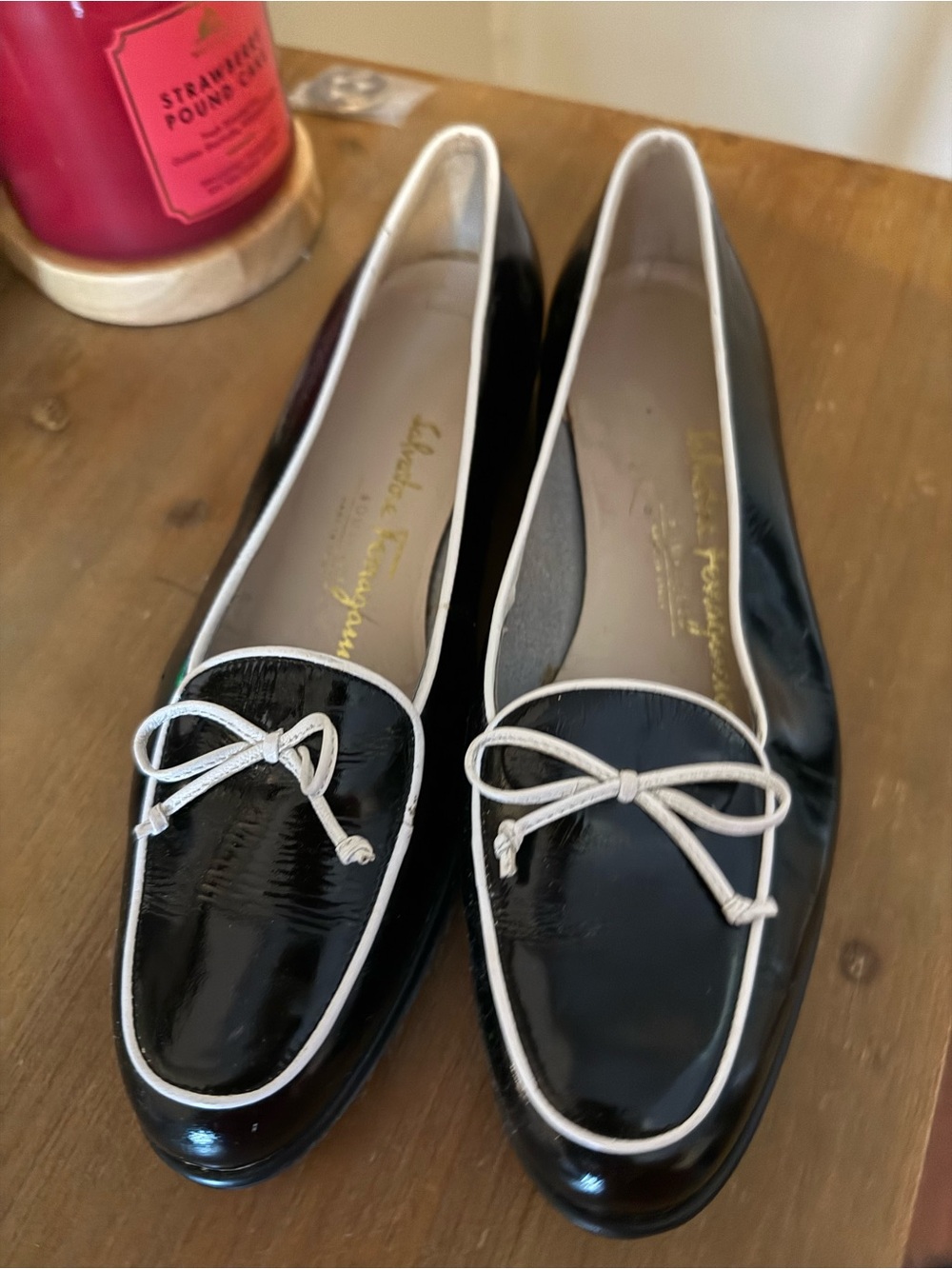 Salvatore Ferragamo Black Patent Leather Ballet Loafers with White Trim Bow 6